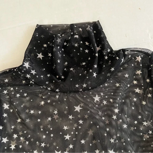 La La Land Black Star Print Sheer Mesh Mock Neck Size Small New - Picture 3 of 8